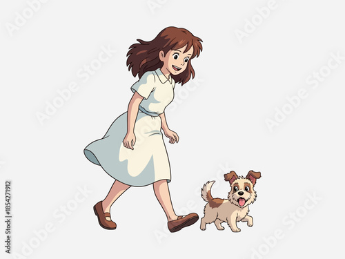 Young Girl Walking with Small Dog Companion.