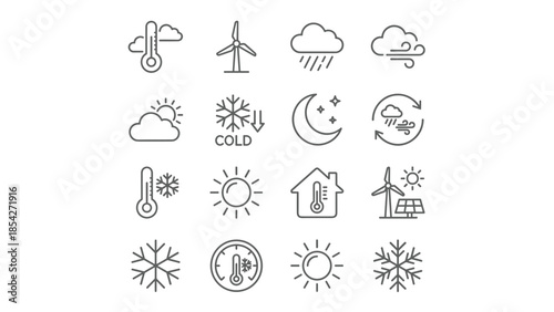 Collection of weather, climate, and temperature line icons, featuring sun, rain, wind, snowflake, moon, and energy symbols, vector graphics set.