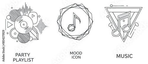 A collection of music-themed icons including a party playlist, mood icon, and music symbol in geometric line art style, suitable for event branding and digital design