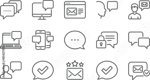 Communication and messaging line icons set, chat bubbles, email symbols, user feedback, customer support vector signs