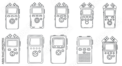 A set of audio recording devices in clean outline vector style, ideal for music production and technology projects