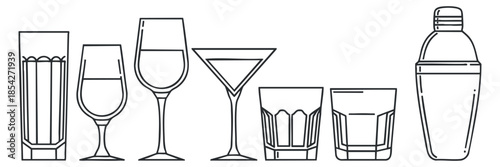 A set of various drinkware including glasses, cocktail shaker, and tumblers in minimalist outline vector style, perfect for bar and restaurant designs
