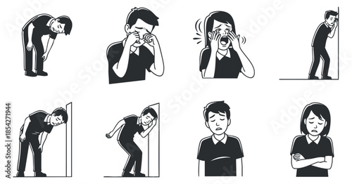 A set of eight illustrations depicting various human emotions and expressions in black and white minimalist vector style, suitable for mental health awareness projects