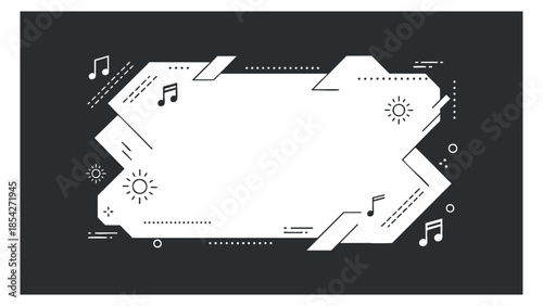 A geometric music-themed frame with notes and sun elements in modern black and white vector style, ideal for event promotions