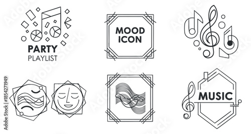A collection of music-themed icons featuring notes, mood symbols, and party elements in minimalist black and white vector style, perfect for event branding and playlists
