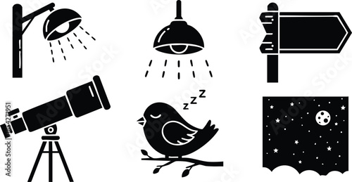 Flat design collection of six night icons showing street lamp hanging pendant lamp directional sign telescope sleeping bird and starry night window scene close up vector