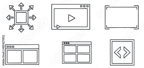 A collection of user interface icons including arrows, video player, and browser windows in geometric outline vector style, ideal for web and app design