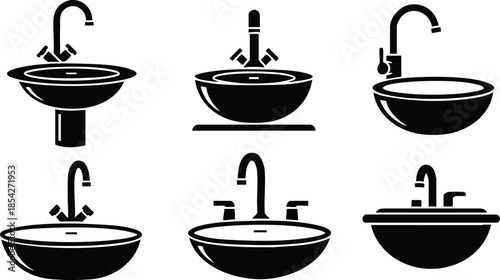 Line art bathroom sink and faucet icon set showing six basin silhouettes in side front and top angles minimalist black vector illustration for plumbing technical layouts