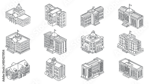 A collection of various building designs in outline vector style, suitable for urban planning and architectural projects