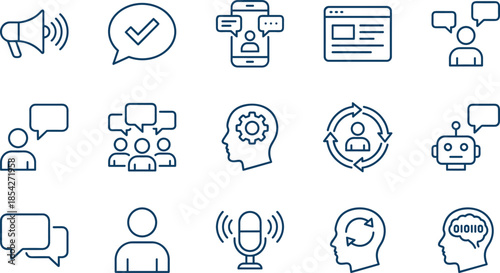 Communication, Discussion, and Technology Line Icons Set, Featuring Chat, Megaphone, Podcast, AI, Teamwork, Feedback Loop, and Brain Processing Symbols, Vector Outline.