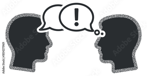 A silhouette illustration of two heads facing each other with speech bubbles in black and white minimalist vector style, ideal for communication-themed projects