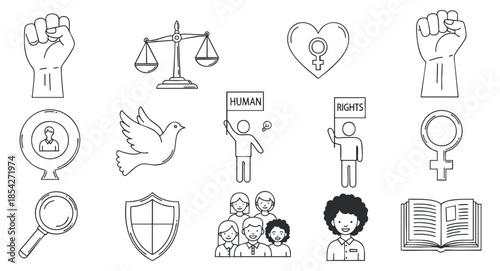 A collection of human rights and justice icons including scales, fists, and diverse figures in minimalist black and white vector style, suitable for advocacy materials