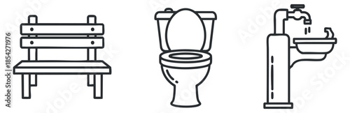 A collection of a bench, toilet, and sink in minimalist black and white vector style, suitable for plumbing and furniture design
