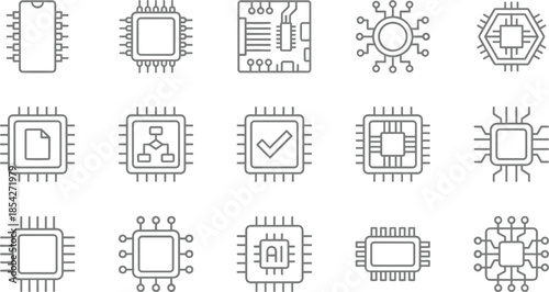 Computer chip and processor line icons set, electronic circuit board, CPU hardware, AI technology, microchip vector symbols, digital engineering.