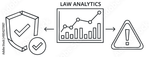 A law analytics illustration featuring checkmarks, a data graph, and a warning symbol in minimalist vector style, suitable for legal technology branding