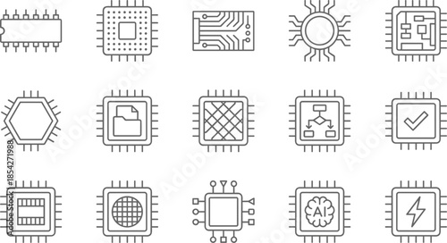 Computer processor and microchip line icons set, electronic circuit board, AI hardware, CPU technology, digital engineering vector symbols.