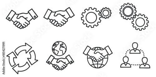 A collection of handshake, gears, and globe icons in clean outline vector style, ideal for business collaboration and networking projects