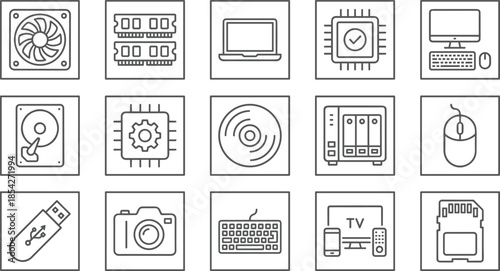 Computer Hardware, Components, and Digital Devices Line Icons Set, Featuring CPU, RAM, Hard Drive, USB, Peripherals, and Fan Symbols, Simple Vector Outline.