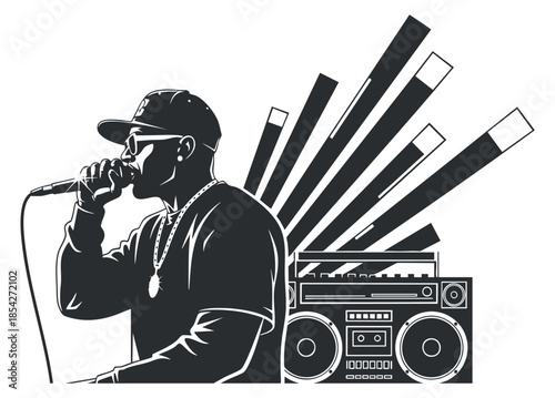 A rapper performing with a microphone in a black and white vector style, featuring a boombox and sound waves, ideal for music-themed designs