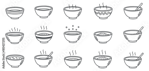 A collection of various bowls of soup and noodles in outline minimalist vector style, perfect for culinary branding and menu design