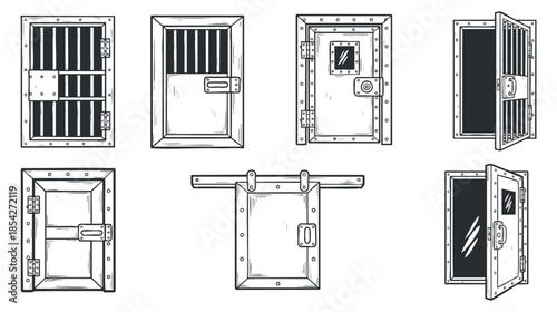A collection of various jail and prison doors in black and white sketch vector style, suitable for graphic design projects