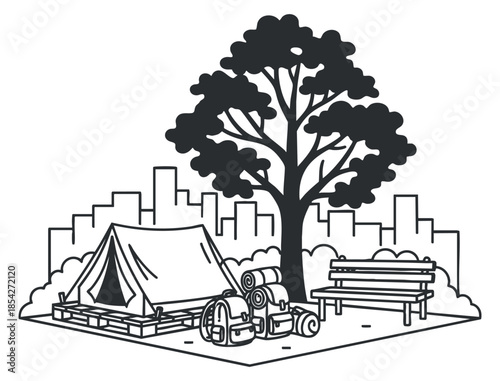 A camping scene featuring a tent, backpacks, a bench, and a large tree in minimalist vector style, ideal for outdoor adventure themes
