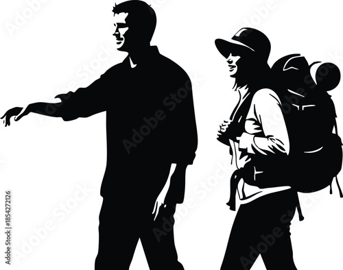 Silhouette vector side view two hikers man pointing woman with backpack wearing hat walking travel gesture minimal black cutout on white background full body directional outline