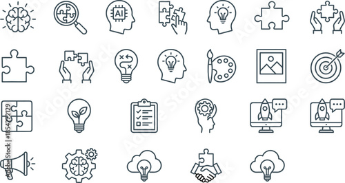 Creativity and problem solving line icons set, business strategy symbols, innovation light bulb, puzzle solution, teamwork vector signs for interface