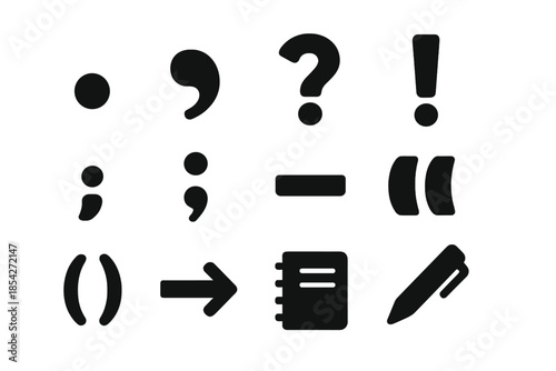 Punctuation Icon Set. Solid style icons of modern punctuation usage: period, comma, question mark, exclamation mark, semicolon,