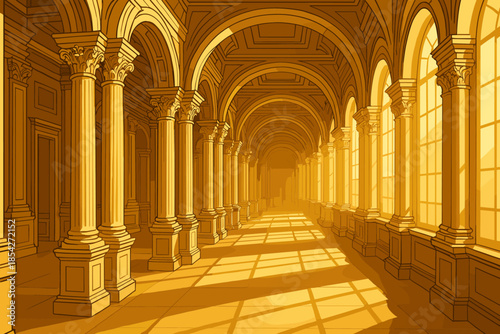 Elegant Architectural Hallway. Grand architectural hallway with ornate columns and soft golden light streaming through, luxurious