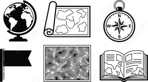 Line art icon set top down geometry geography symbols globe compass rolled map flag topographic square tile open atlas book black vector navigation education flat minimal