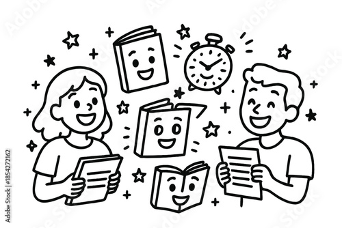 Animated Debate Prep Scene. Cheerful doodle debate preparation with happy students holding notes, smiling books with faces,