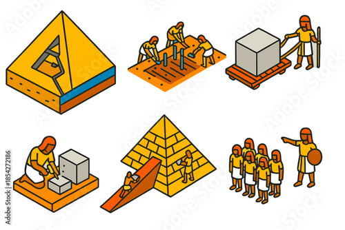 Pyramid Construction Techniques. Isometric vector illustration set Geotechnical engineering of pyramids: pyramid cross-section,
