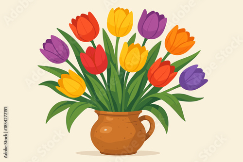 Colorful Tulip Arrangement. Colorful blooming tulips vector illustration arranged in a rustic ceramic vase, soft natural lighting,