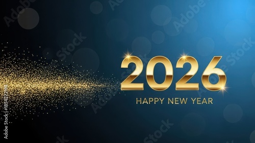 Golden 2026 happy new year text with sparkling glitter on a blue background