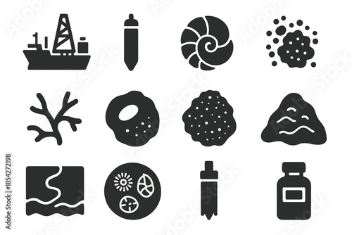 Ocean Sediment Icons. Solid style icons of ocean sediments: deep-sea drill ship, core barrel, foraminifera shell, diatom ooze,