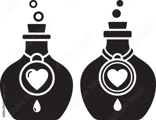 Two love potion bottle with hearts set
