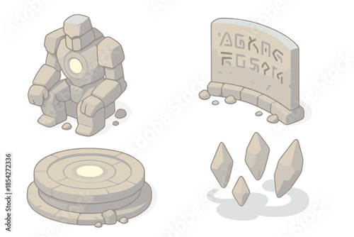 Titan Guardian Battle. Isometric vector illustration set Titan Trial Chamber: colossal stone guardian, glowing weakness core,