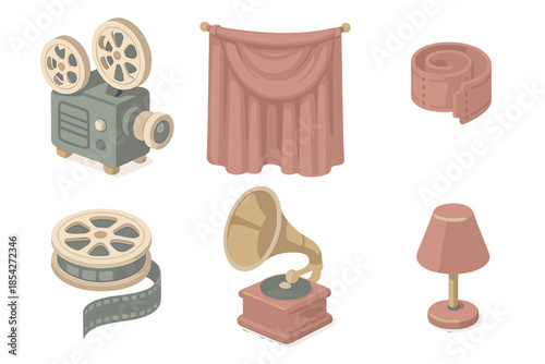 Vintage Theater Icons. Isometric vector illustration set Classic Theater Booth: vintage projector, curtain drape, ticket roll,