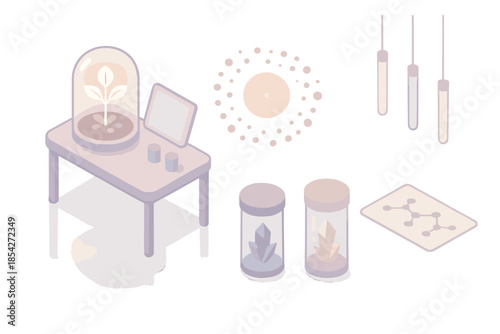 Quantum Bloom Laboratory. Isometric vector illustration set Quantum Bloom Atelier: laboratory desk with glowing plant specimen,