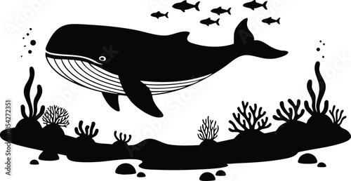 Minimalist vector silhouette side profile whale swimming above coral seabed with small fish and bubbles black and white composition for logo icon design clean monochrome asset