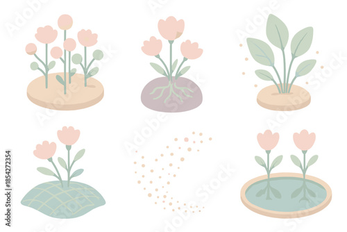 Entangled Blossom Sanctuary. Isometric vector illustration set Entangled Blossom Sanctuary: molecular flower beds, bioluminescent