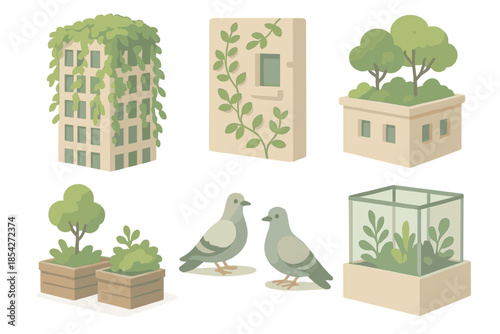 Urban Nature Harmony. Isometric vector illustration set of City Nature Fusion: overgrown skyscraper facade, climbing ivy on walls,