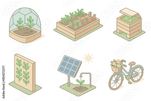 Eco Urban Living Icons. Isometric vector illustration set of Eco Urban Living: smart greenhouse pod, rooftop vegetable beds,