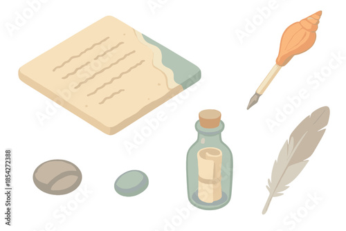 Beach Writing Scene. Isometric vector illustration set of Beach Writing Scene: sand surface with written poem lines, seashell pen,