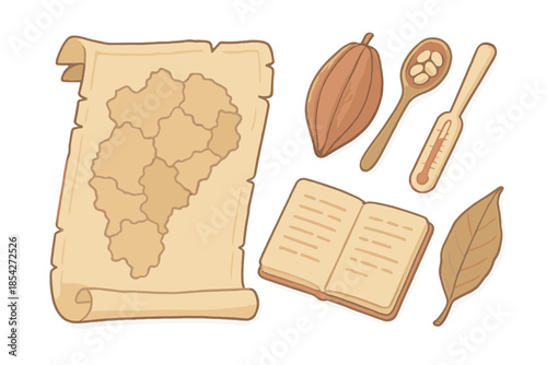 Cacao Region Icons. Isometric vector illustration set of Cacao Region Chart: parchment map with regions, cocoa pod, tasting spoon,
