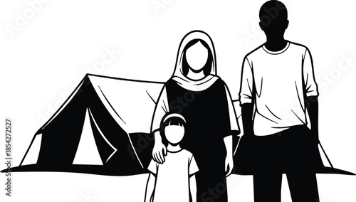 Silhouette vector frontal view family of three standing in front of camping tent mother wearing headscarf child holding mothers hand high contrast stark black and white
