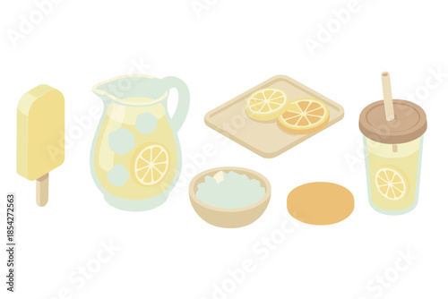 Citrus Chill Icons. Isometric vector illustration set Citrus Chill Bar: lemon popsicle, glass pitcher with ice, citrus slices on