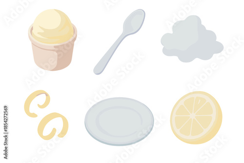 Frozen Lemon Delight. Isometric vector illustration set Frozen Lemon Dream: lemon sorbet cup, frosted spoon, icy mist effect,