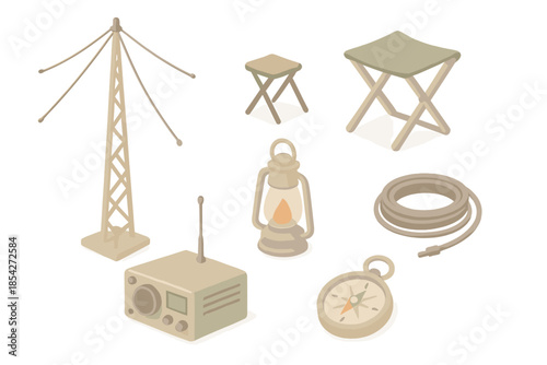 Isometric Caravan Station Icons. Isometric vector illustration set Caravan Broadcast Station: shortwave antenna mast, folding